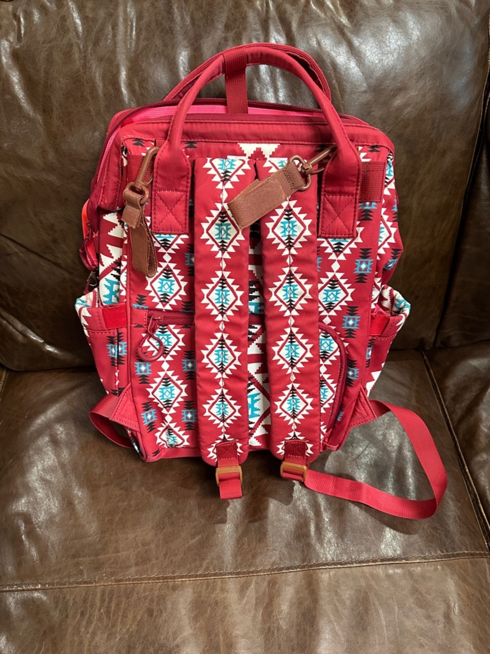 Wrangler Red Aztec Pattern Backpack with Teal Accents - Picture 4 of 5